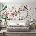 Cherry blossom bird wallpaper creating a peaceful atmosphere in a modern living room with natural light