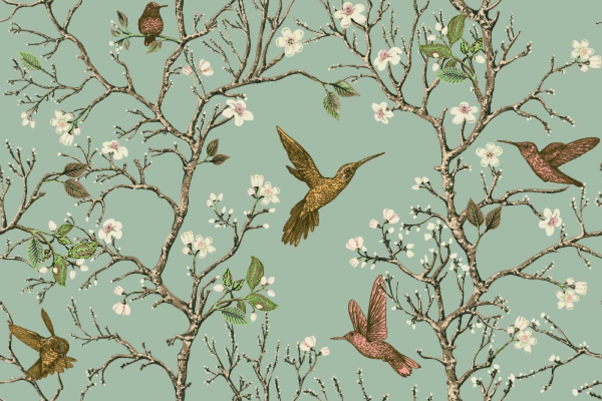 Cherry blossom with hummingbirds wallpaper design file showing intricate pattern details and color palette