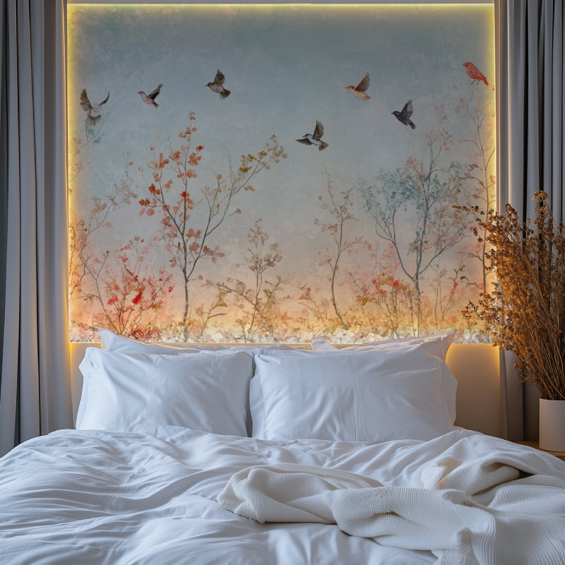 Flying birds wallpaper creating depth in cozy bedroom setting