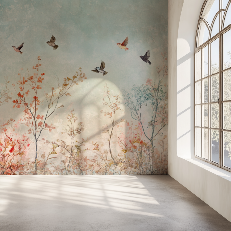 Cherry blossom bird mural in peaceful dining room space