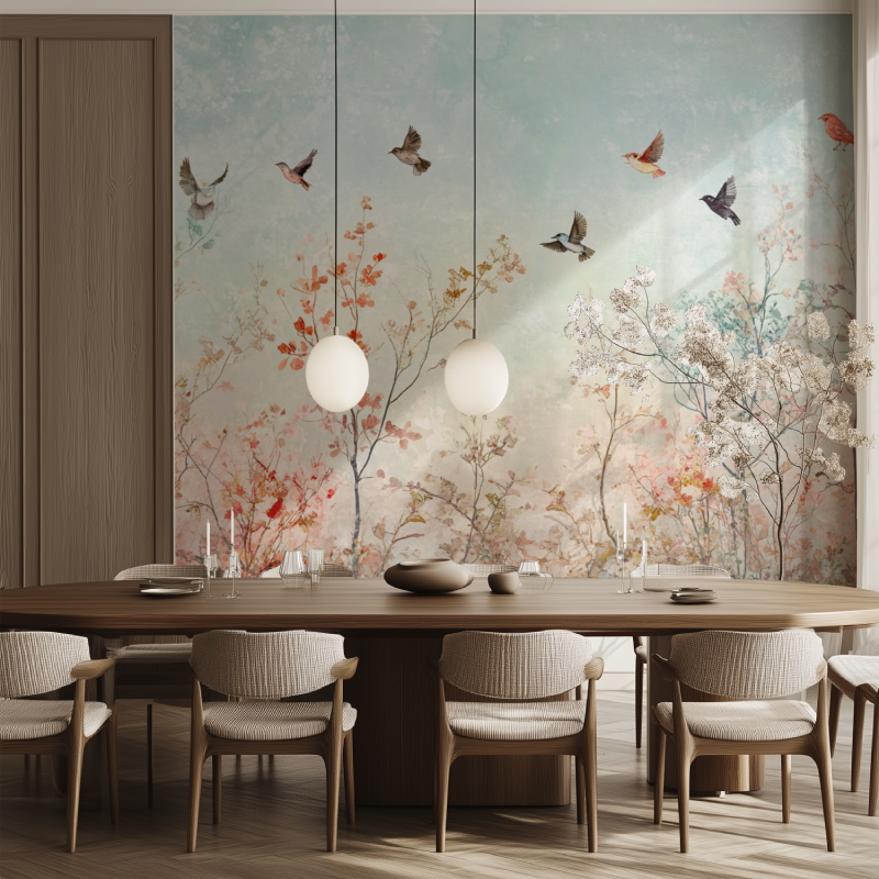 Nature inspired wall mural bringing life to home office