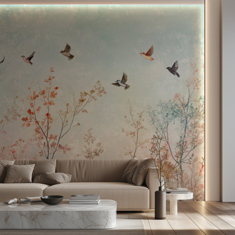 Birds wallpaper creating serene atmosphere in meditation room