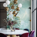 Birds Wallpaper Mural creating a peaceful atmosphere in a modern living room with mint green accents