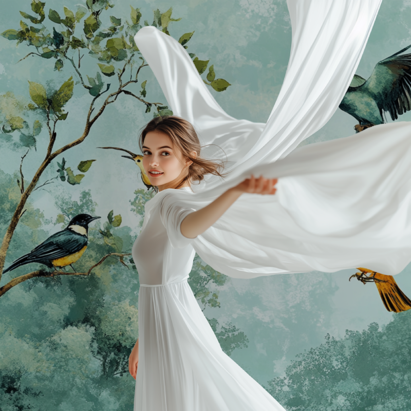 Forest Birds Mural transforming a cozy bedroom with soft natural lighting