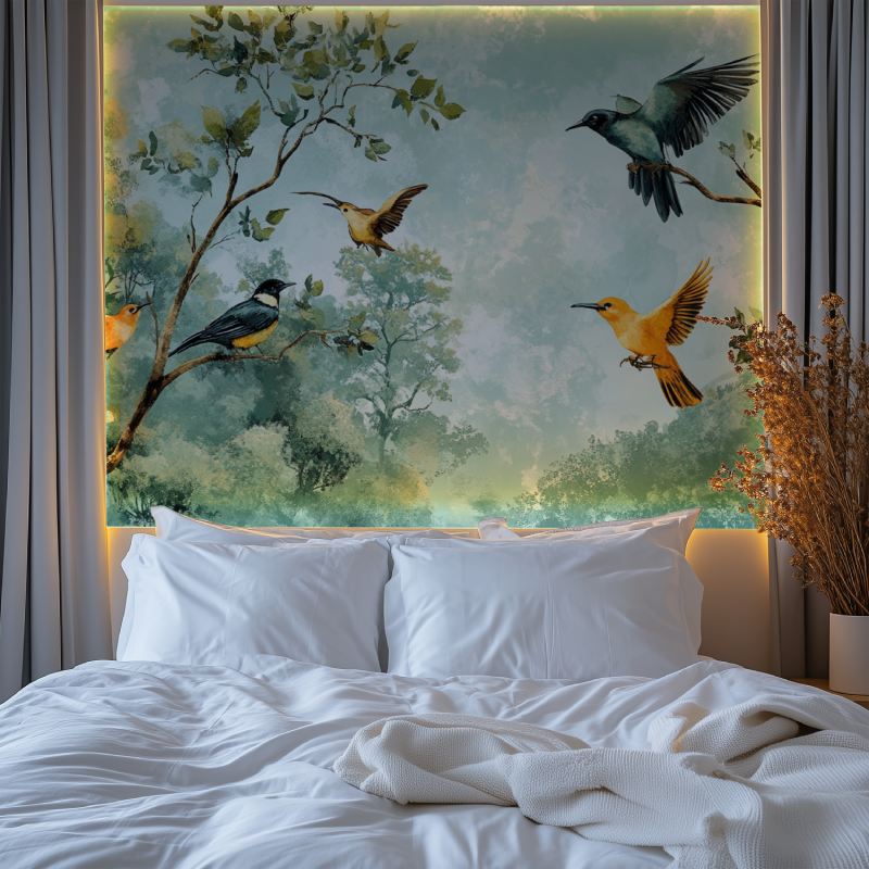 Mint Green Bird Wallpaper bringing nature into a bright home office space
