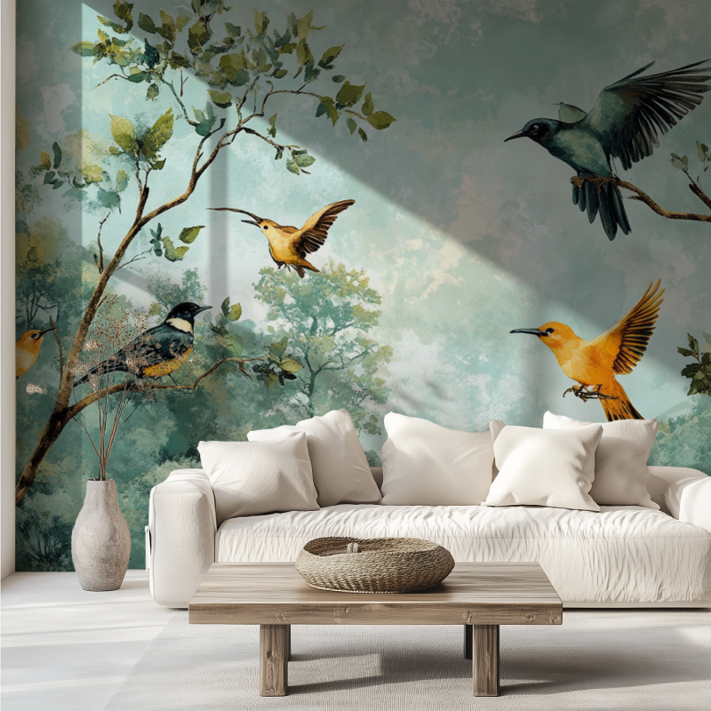 Birds and Forest Wallpaper adding depth to a minimalist dining room