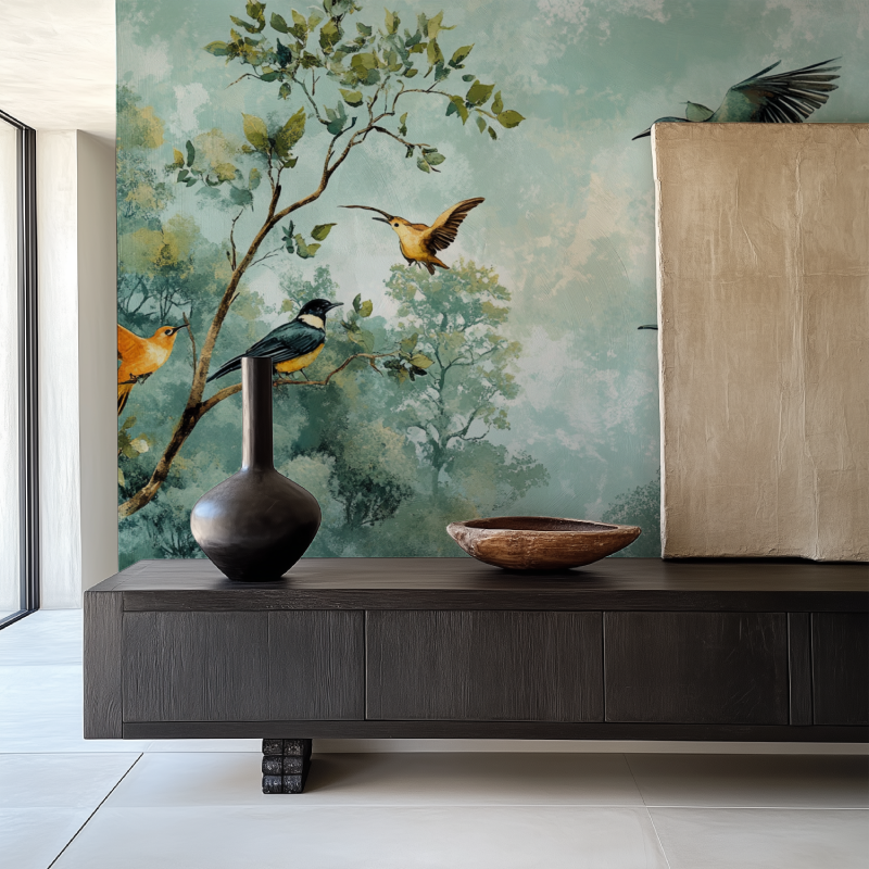Green Forest Birds Mural making a statement in an elegant hallway
