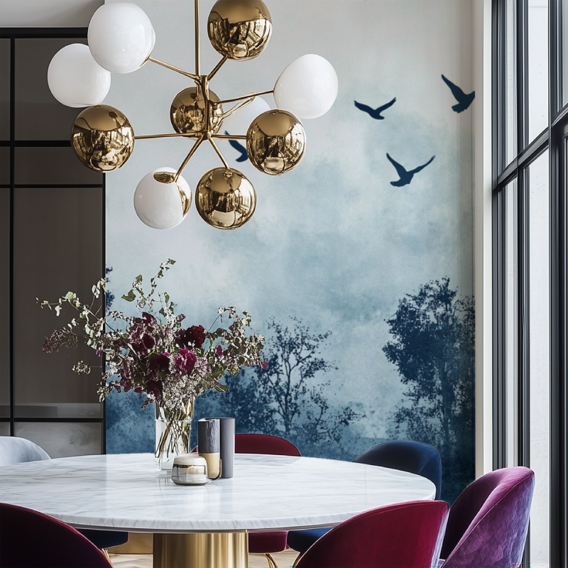 Forest birds wallpaper creating depth in a modern living room with grey furniture