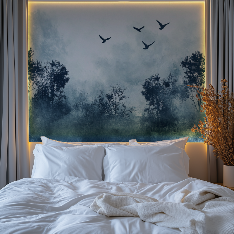 Misty forest birds mural in a cozy bedroom setting with natural light