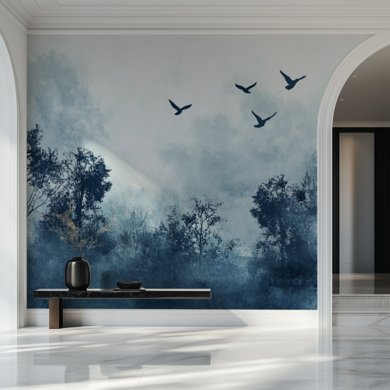 Birds and trees silhouette wallpaper in a peaceful home office space