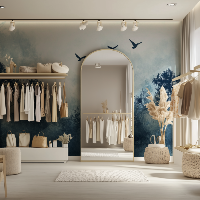 Forest wallpaper with birds adding movement to a dining room wall