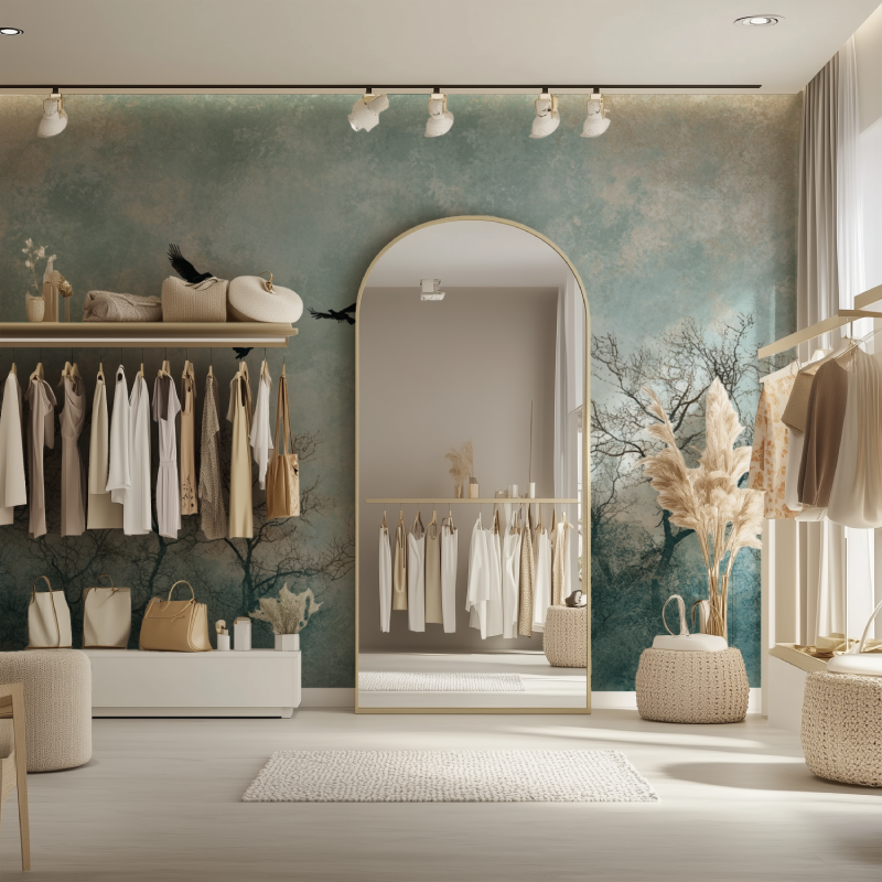 Birds and Forest Wallpaper creating depth in a dining room setting