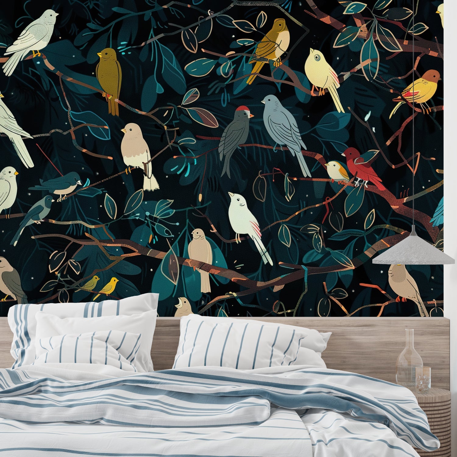 Nature bird wallpaper adding charm to a dining room with pendant lights