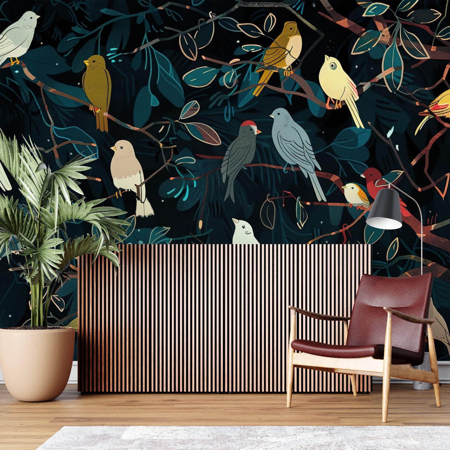 Birds mural wallpaper making a statement in a living room accent wall