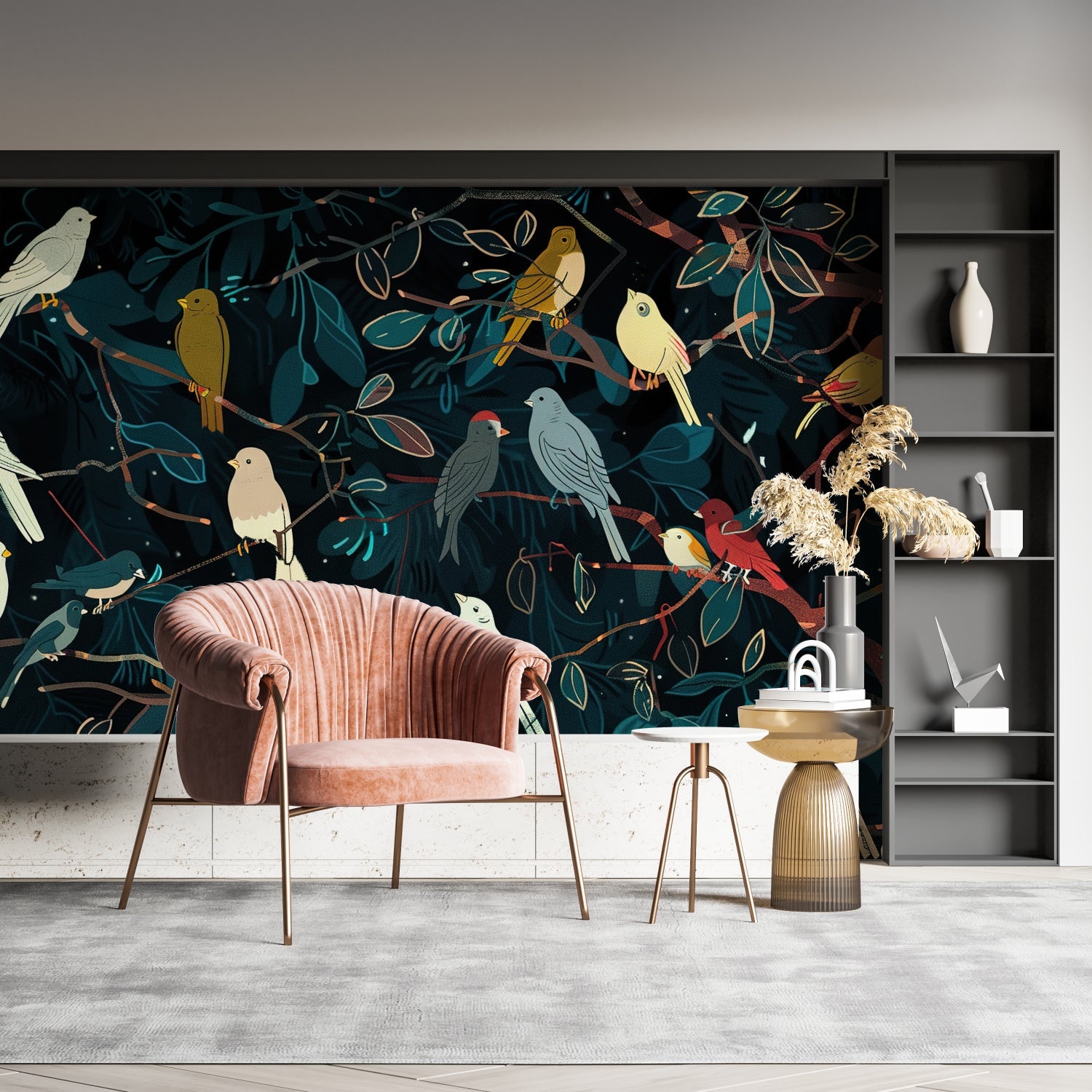 Night forest birds wallpaper creating depth in an entryway space