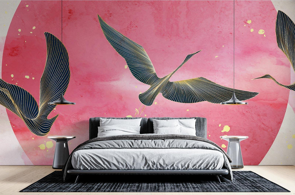 Oriental birds wallpaper with pink moon creates a peaceful atmosphere in a modern bedroom setting