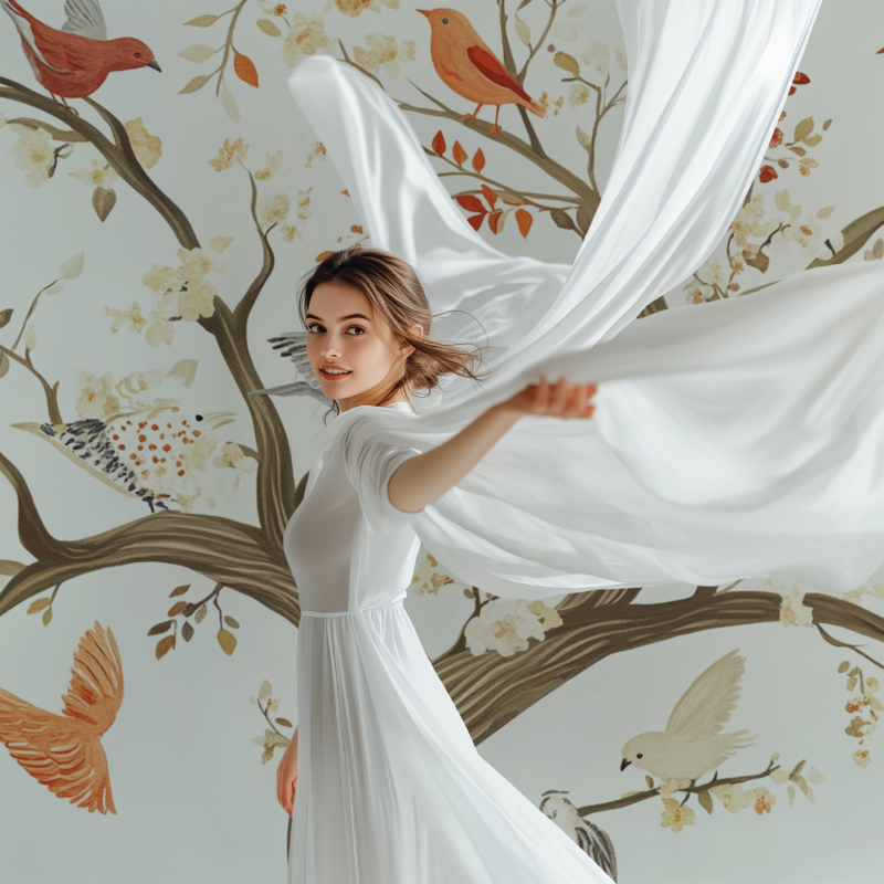Bird wall mural bringing nature into a bright dining room setting