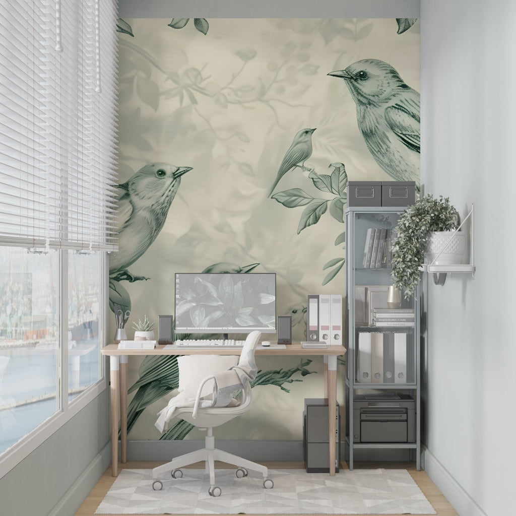 Green bird wallpaper adding character to an entrance hallway
