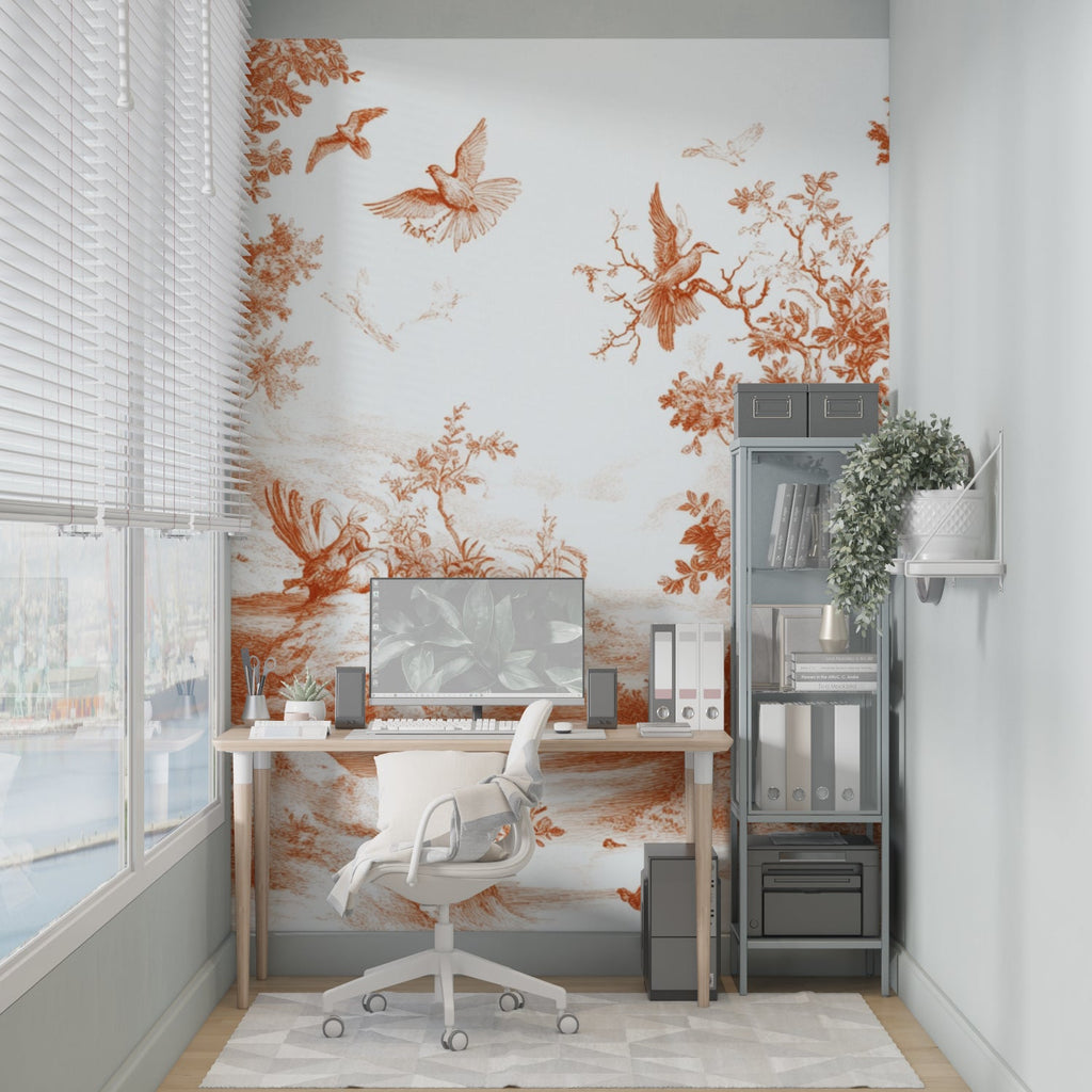 Birds forest mural in cozy bedroom setting with wooden furniture and soft lighting