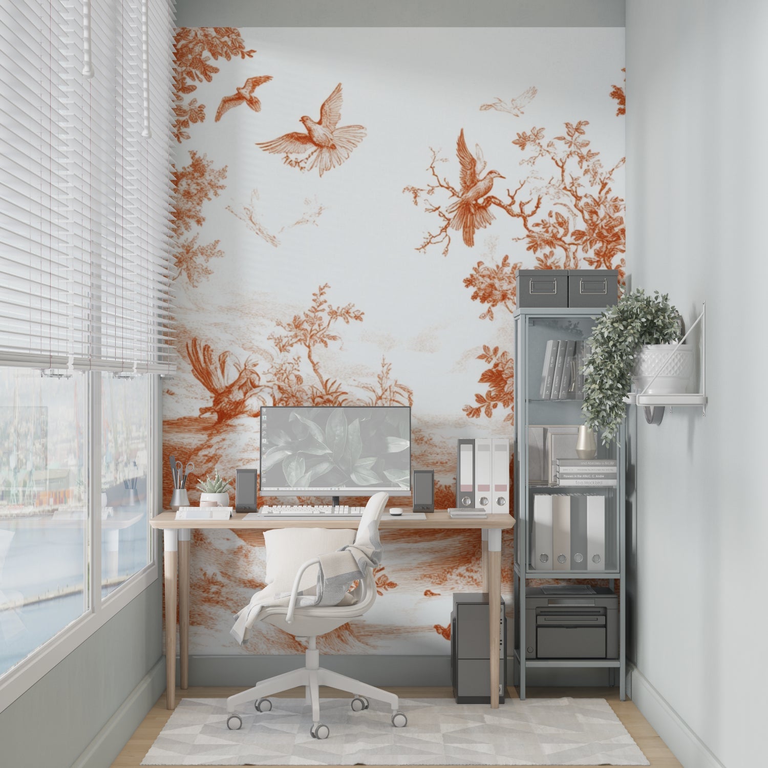 Birds forest mural in cozy bedroom setting with wooden furniture and soft lighting