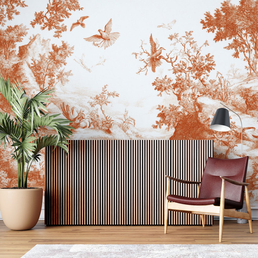 Terracotta forest wallpaper creating depth in dining room with vintage furniture