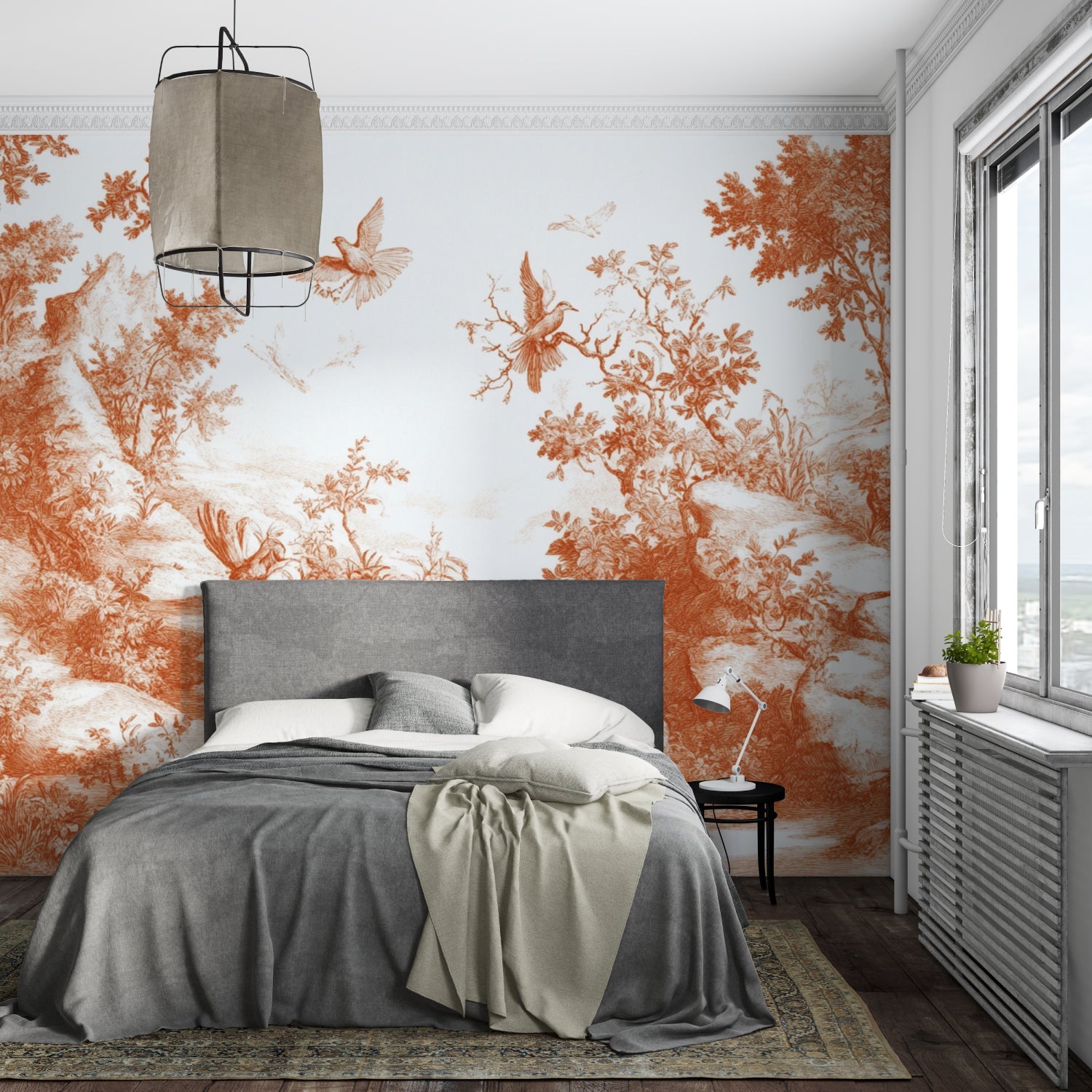 Nature wall mural in home office showing scale and detail of flying birds
