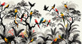 Tropical birds wallpaper bringing life to a modern living room with grey sofa and natural light