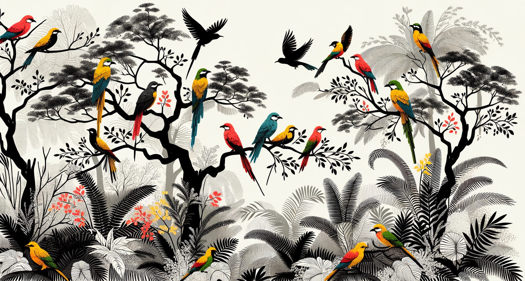 Tropical birds wallpaper bringing life to a modern living room with grey sofa and natural light
