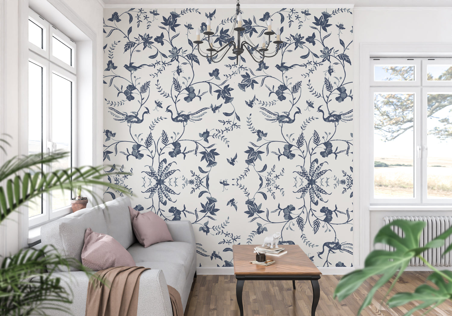 Blue and white bird wallpaper in a cozy reading nook with window seat