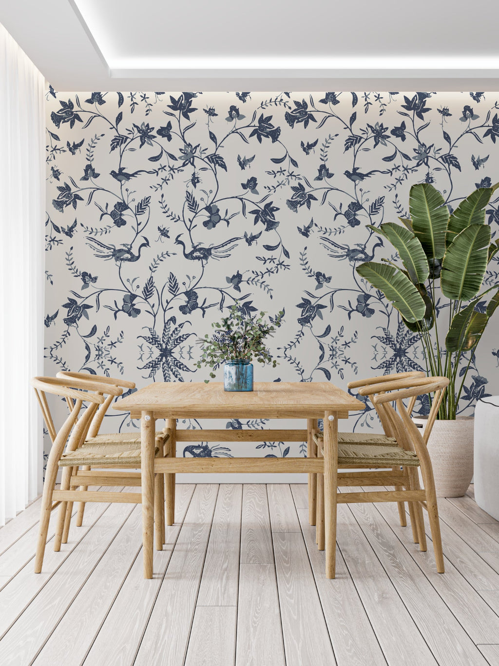 Toile de Jouy wallpaper creating elegance in a traditional bedroom setting