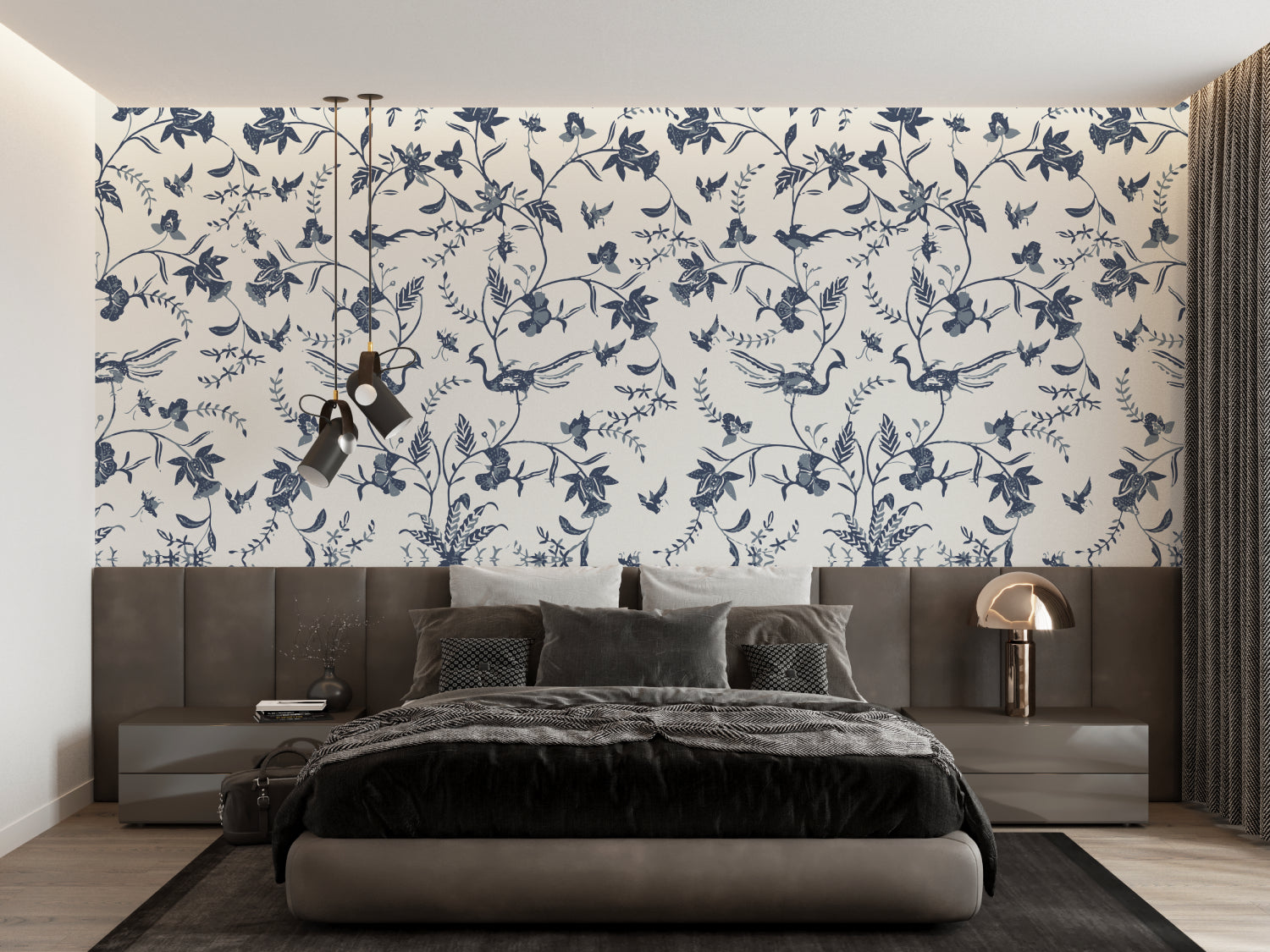 Classic blue bird pattern in a modern home office with minimal furniture