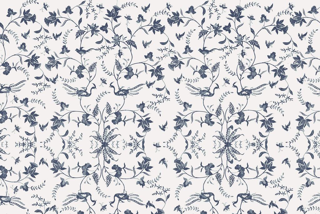 Design file showing intricate details of blue Toile de Jouy bird and botanical pattern