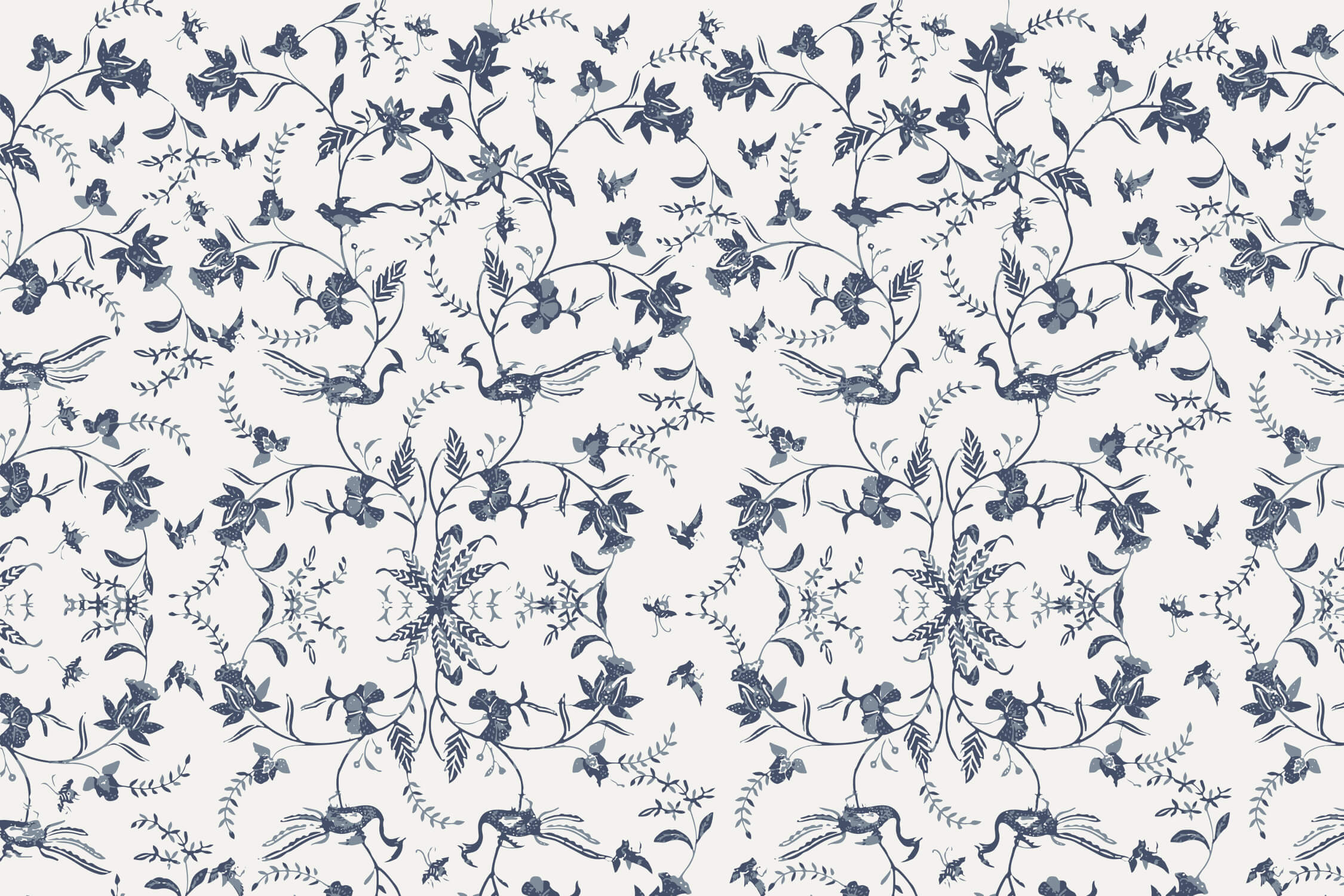 Design file showing intricate details of blue Toile de Jouy bird and botanical pattern