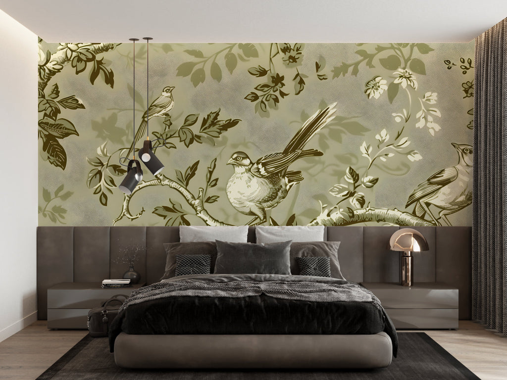 Sage green toile bird pattern bringing French charm to a modern dining room setting