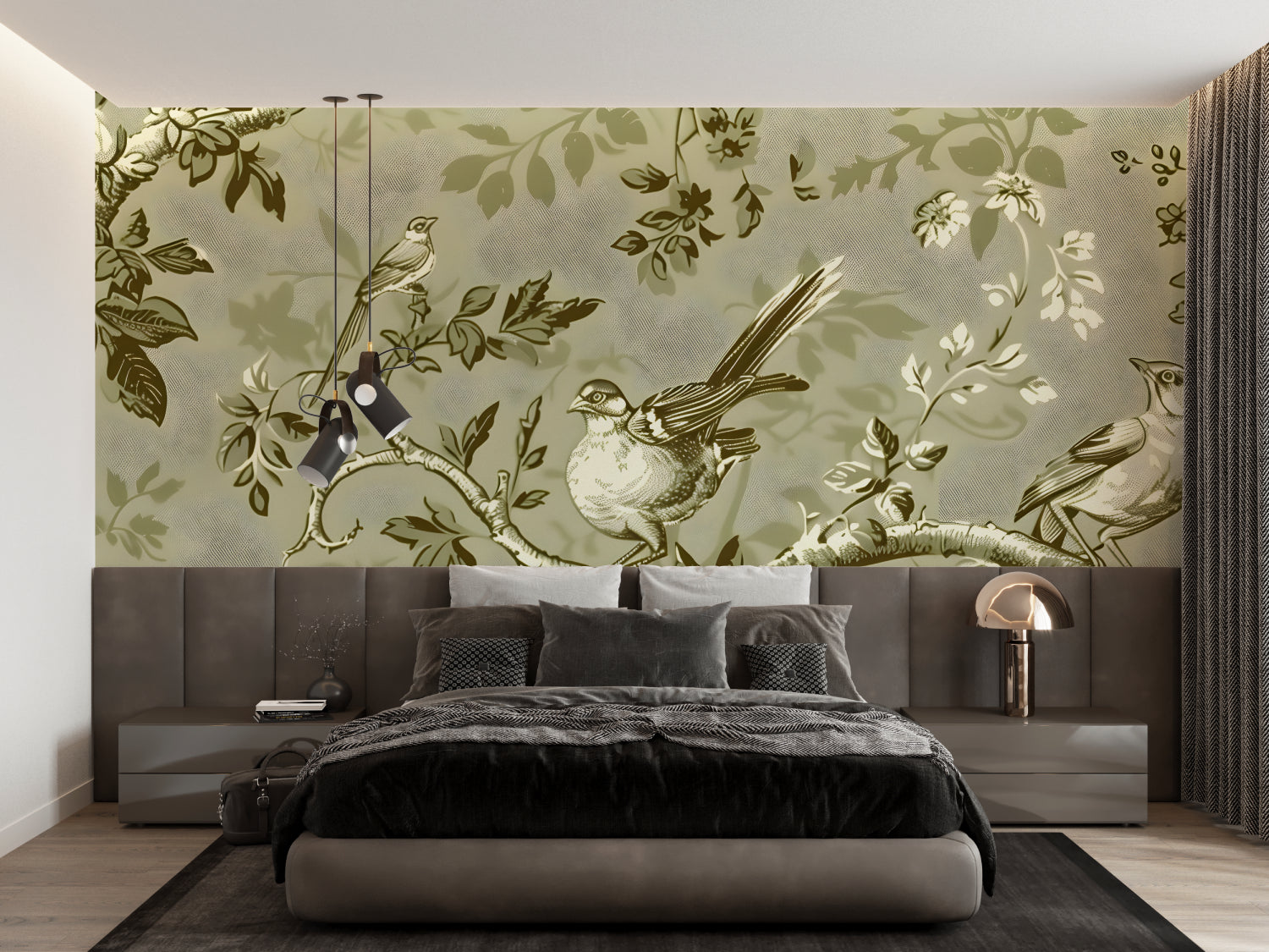 Sage green toile bird pattern bringing French charm to a modern dining room setting