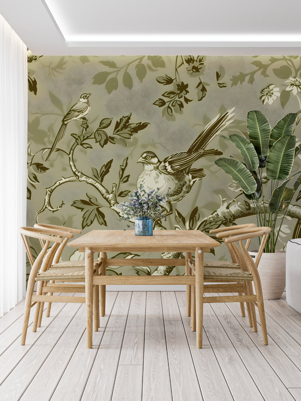 Nature-inspired bird pattern creating depth in a home office setting