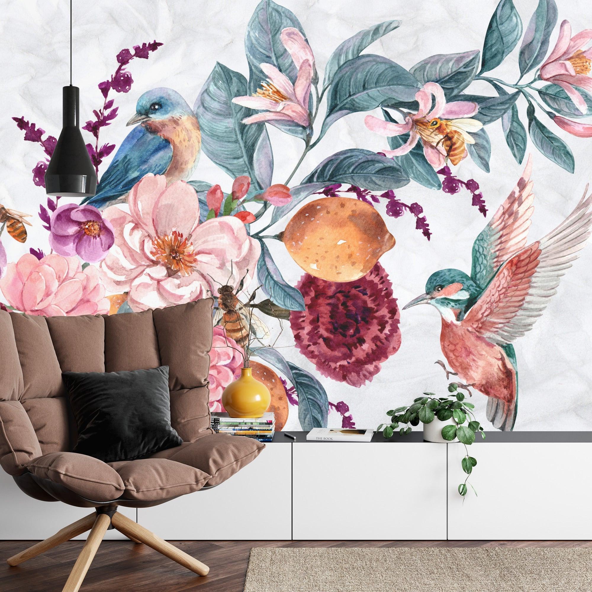 Hummingbird and floral mural wallpaper adding charm to a modern living room setting