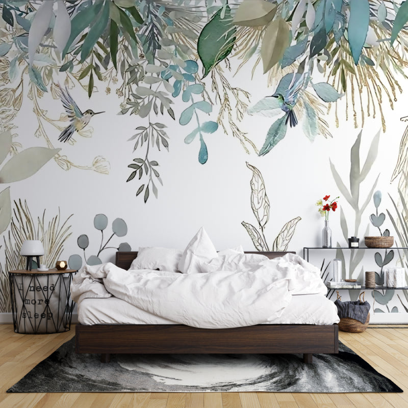 Botanical birds wall mural creating peaceful atmosphere in master bedroom
