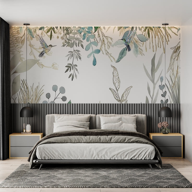 Watercolor hummingbird mural in dining room with natural lighting