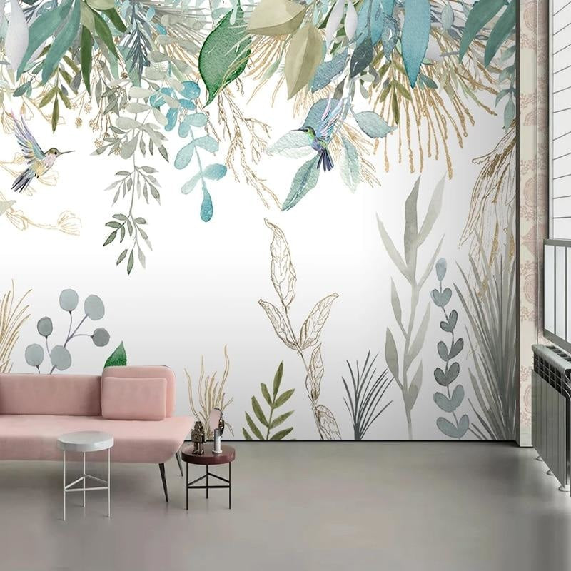 Hummingbird wallpaper design showcased in a bright nursery setting