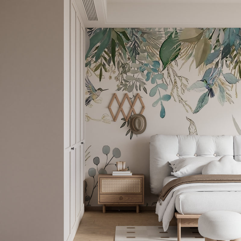 Bird wall mural creating depth in a small powder room