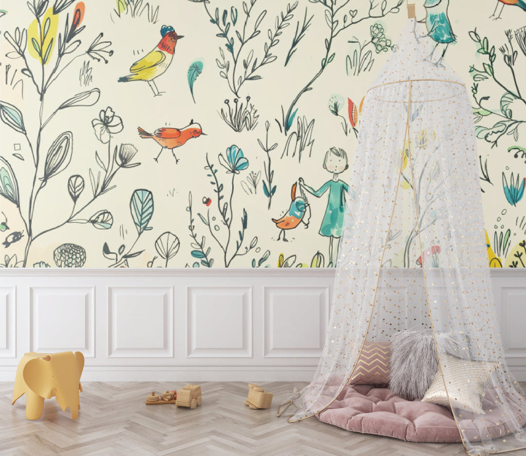 Garden Birds Wallpaper creating focal wall in modern playroom setting