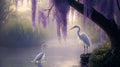 White Herons Lake Wallpaper creating a peaceful atmosphere in a modern living room with natural light
