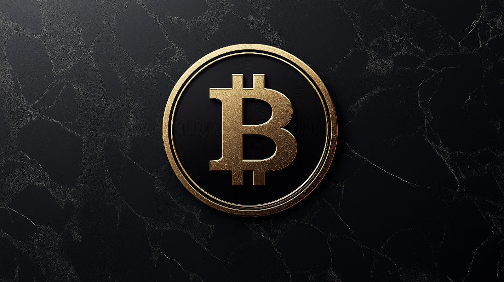 Bitcoin gold logo on black marble wallpaper design file showing detailed texture and metallic finish