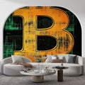 Modern Bitcoin wallpaper mural displayed in a sleek home office with minimalist furniture and ambient lighting