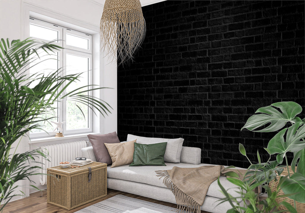 Modern restaurant interior featuring black brick wall mural and pendant lights