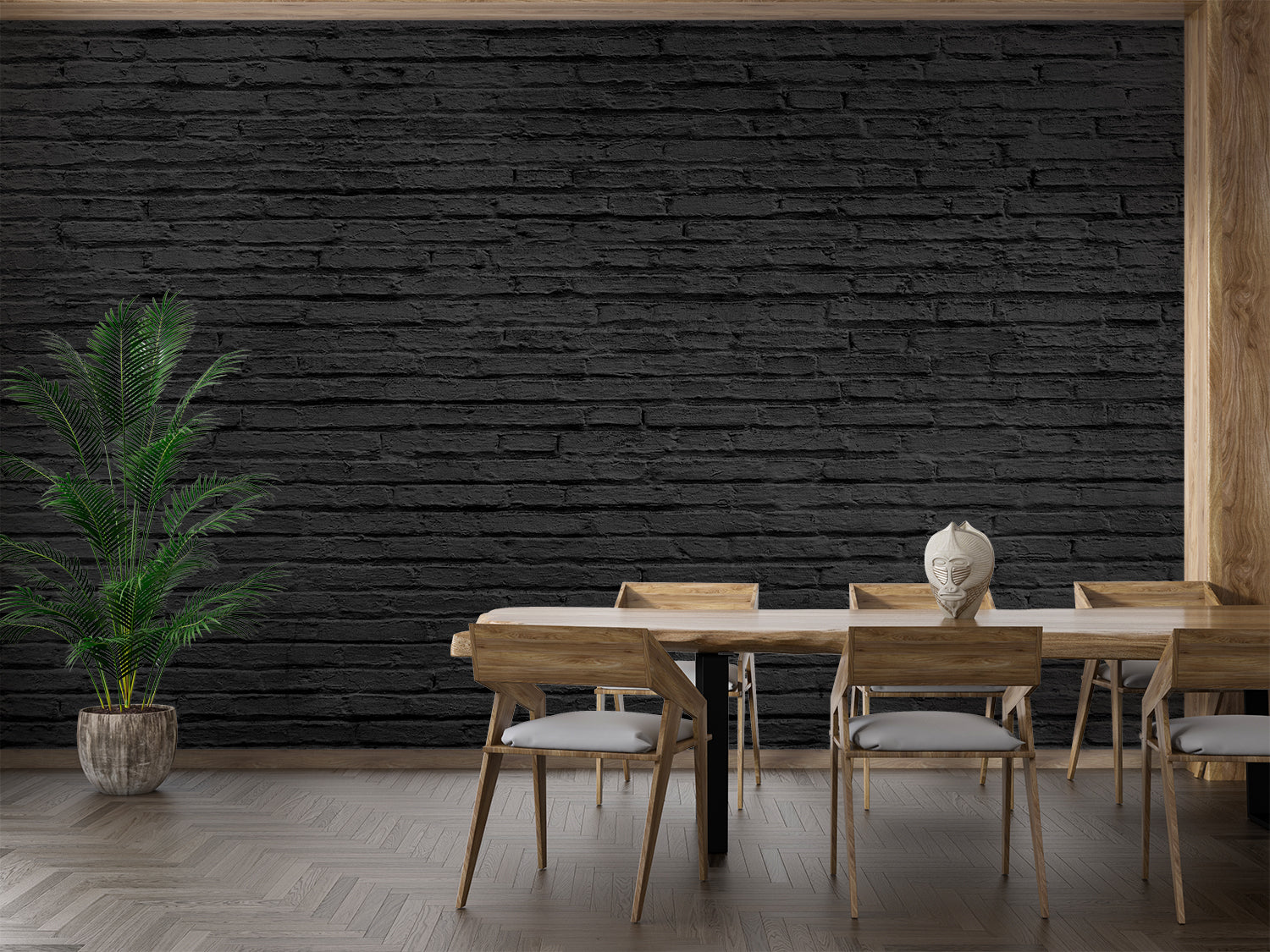 Black stone texture wallpaper in dining room with pendant lights and wooden table