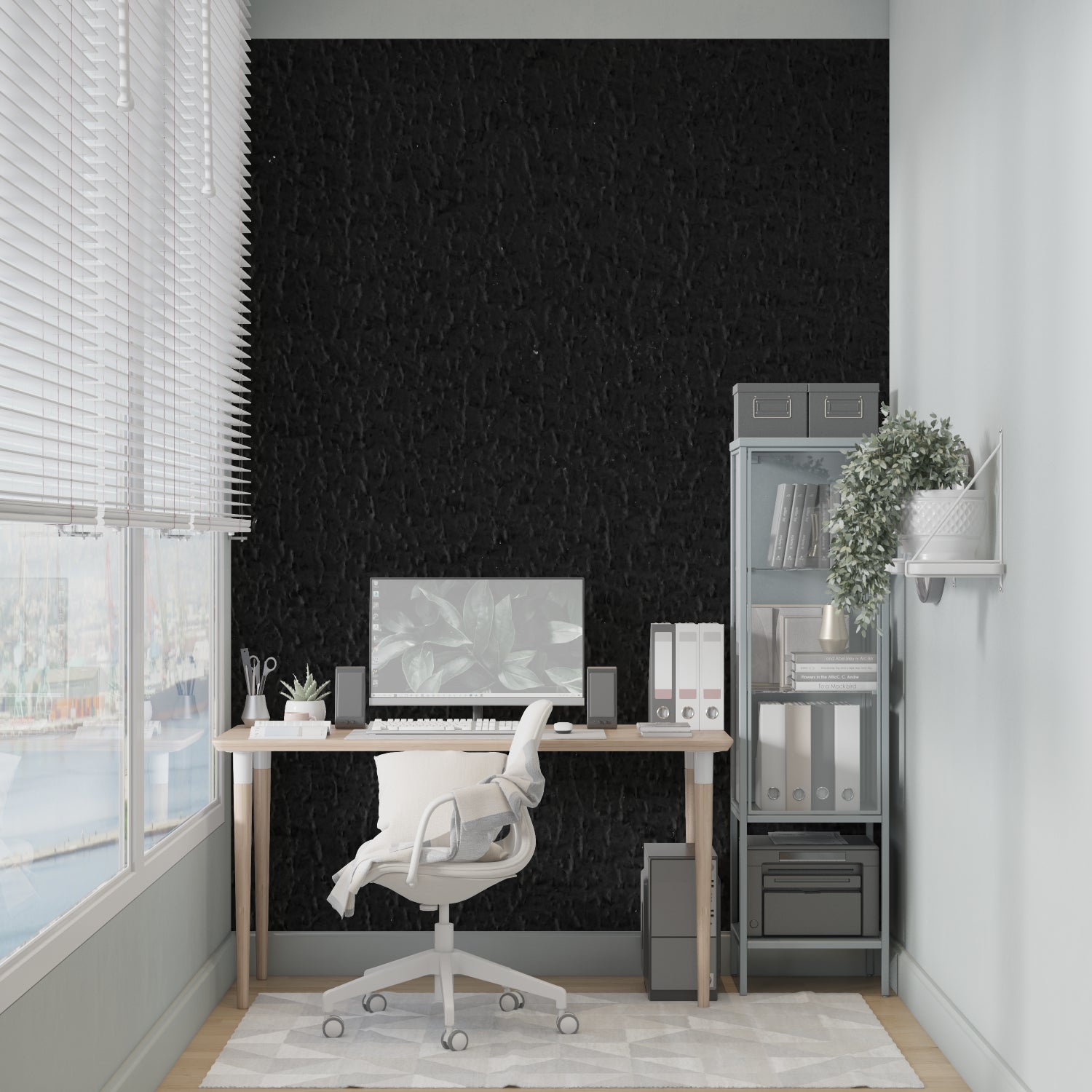 Black leather wallpaper creating luxury atmosphere in modern living room