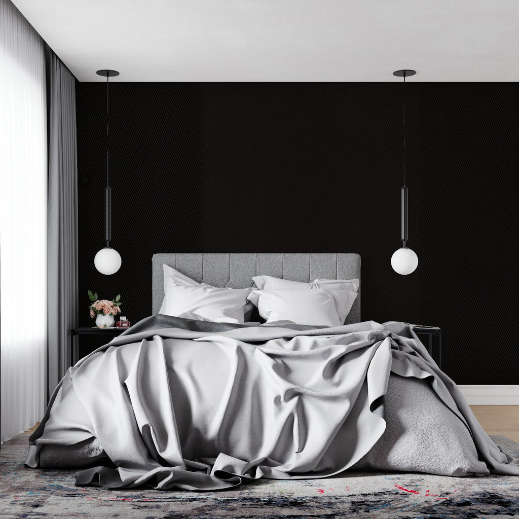 Elegant black diagonal pattern wallpaper in dining room with pendant lights