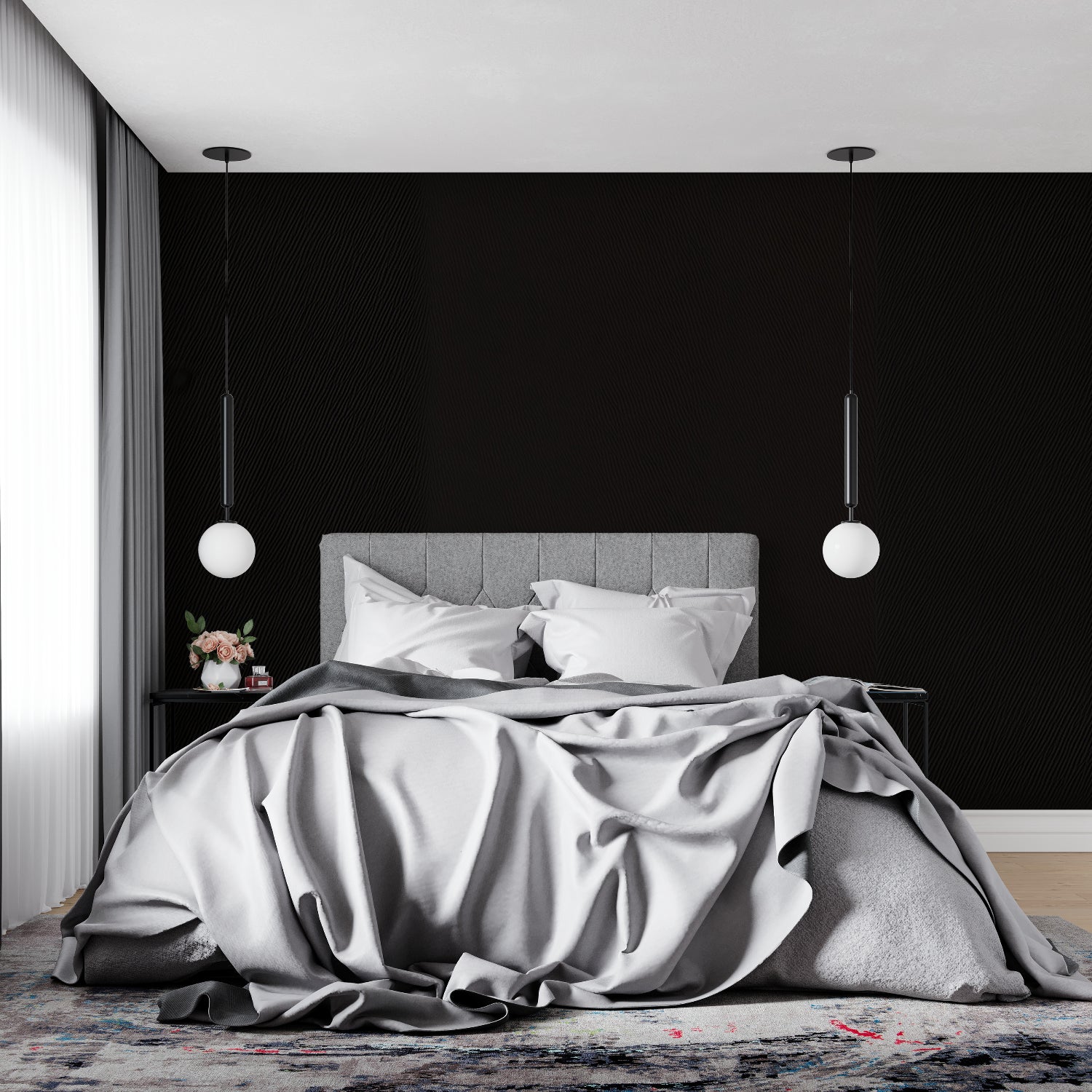 Elegant black diagonal pattern wallpaper in dining room with pendant lights